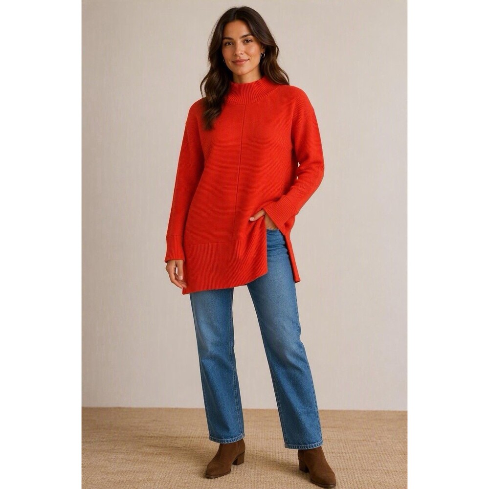 Talbots Mock Neck Rib Knit Sweater Red/orange Tunic Side Slit Cozy - Size Medium